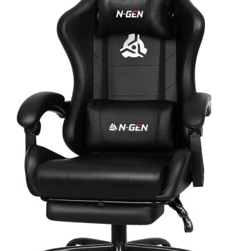 N-GEN GAMING Gaming Chair with Footrest, Lumbar, High-Back, Carbon Black | Reclining Backrest, Linkage Armrests, Durable PU Leather, Adjustable Comfort for Extended Computer, Desk, or Home Office Use
