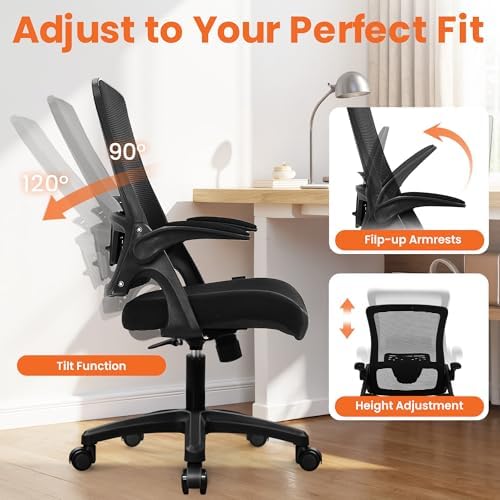 NEO CHAIR Office Desk Gaming Chair Computer High Back Mesh Seat with Rolling Wheels Ergonomic Adjustable Comfy Flip-up Armrests Lumbar Support Height for Home (Black) | Ergonomic High-Back Design with Breathable Mesh, Flip-Up Armrests, Comfortable Support for Home office or Computer Work - Image 7
